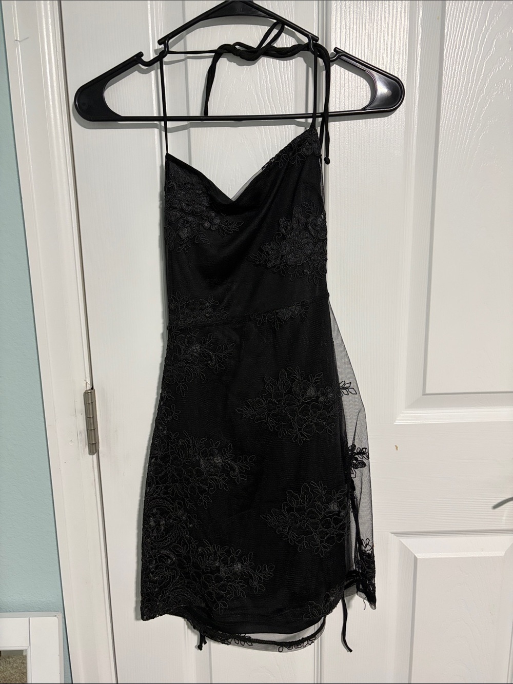 Lucy in the Sky Black Lace Mini Dress with Sheer Side